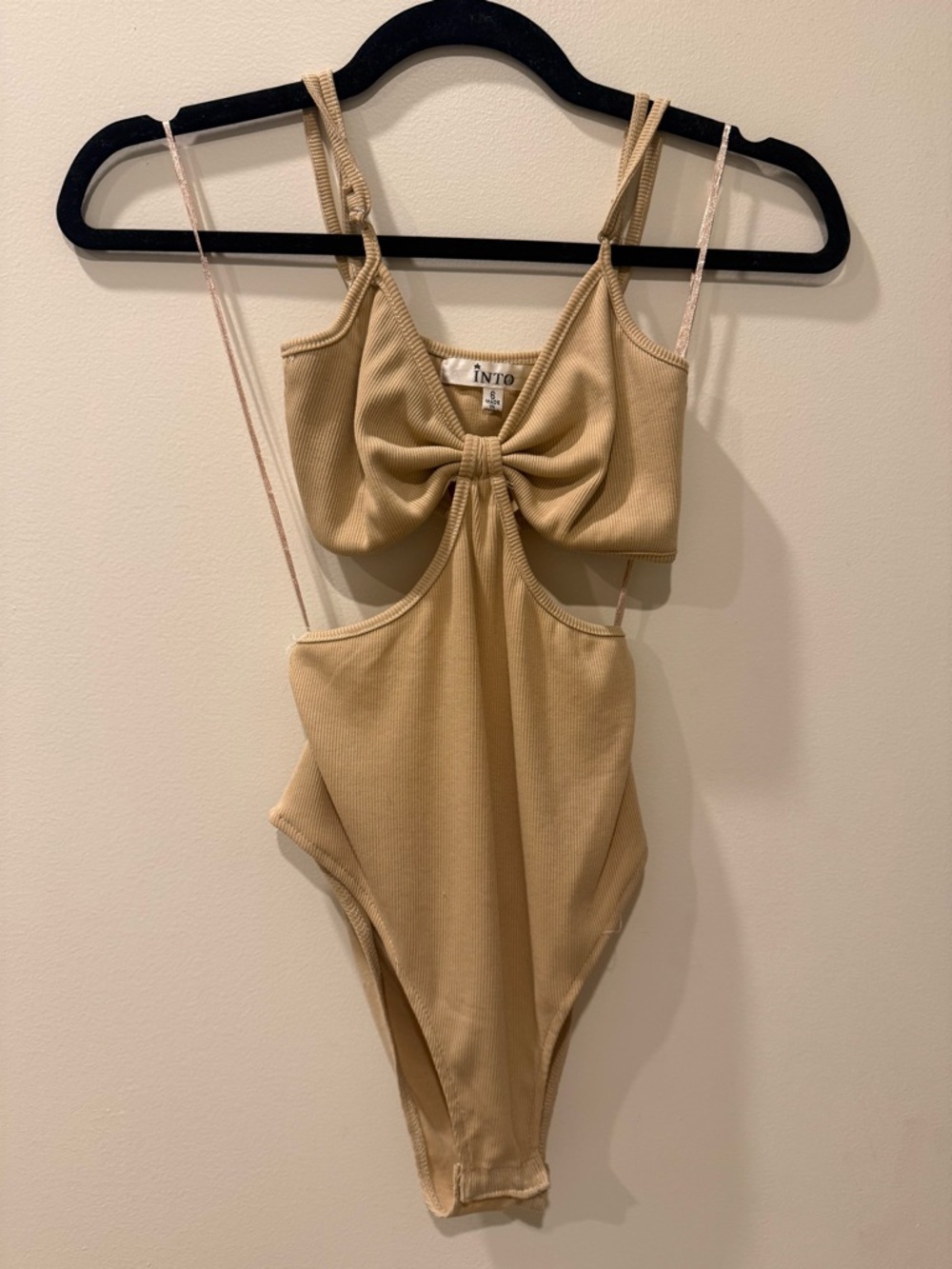 Showpo. Beige Cutout Bow Front Ribbed Bodysuit